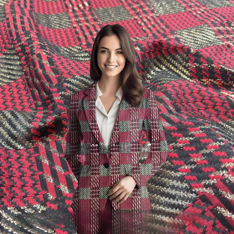 

Красный, черный клетчатый жаккардовый костюм, ткань для шитья своими руками, осенне-зимние ветровки, верхняя одежда, одежда, ткань на метр