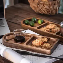 Wooden Compartment Serving Platter Oval Food Plate Wooden Tray Tea Cup Saucer Trays Fruit Plate Storage Kitchen Table Decor