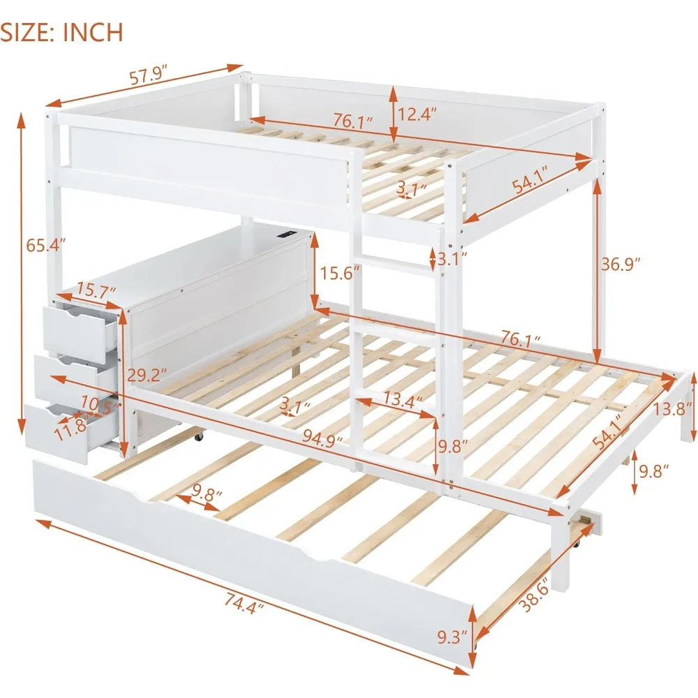 Full-Over-Full Bunk Bed with Twin Size Trundle,Solid Wood Bedframe W/Desk & Drawers,USB,Space Saving,Easy Assembly,