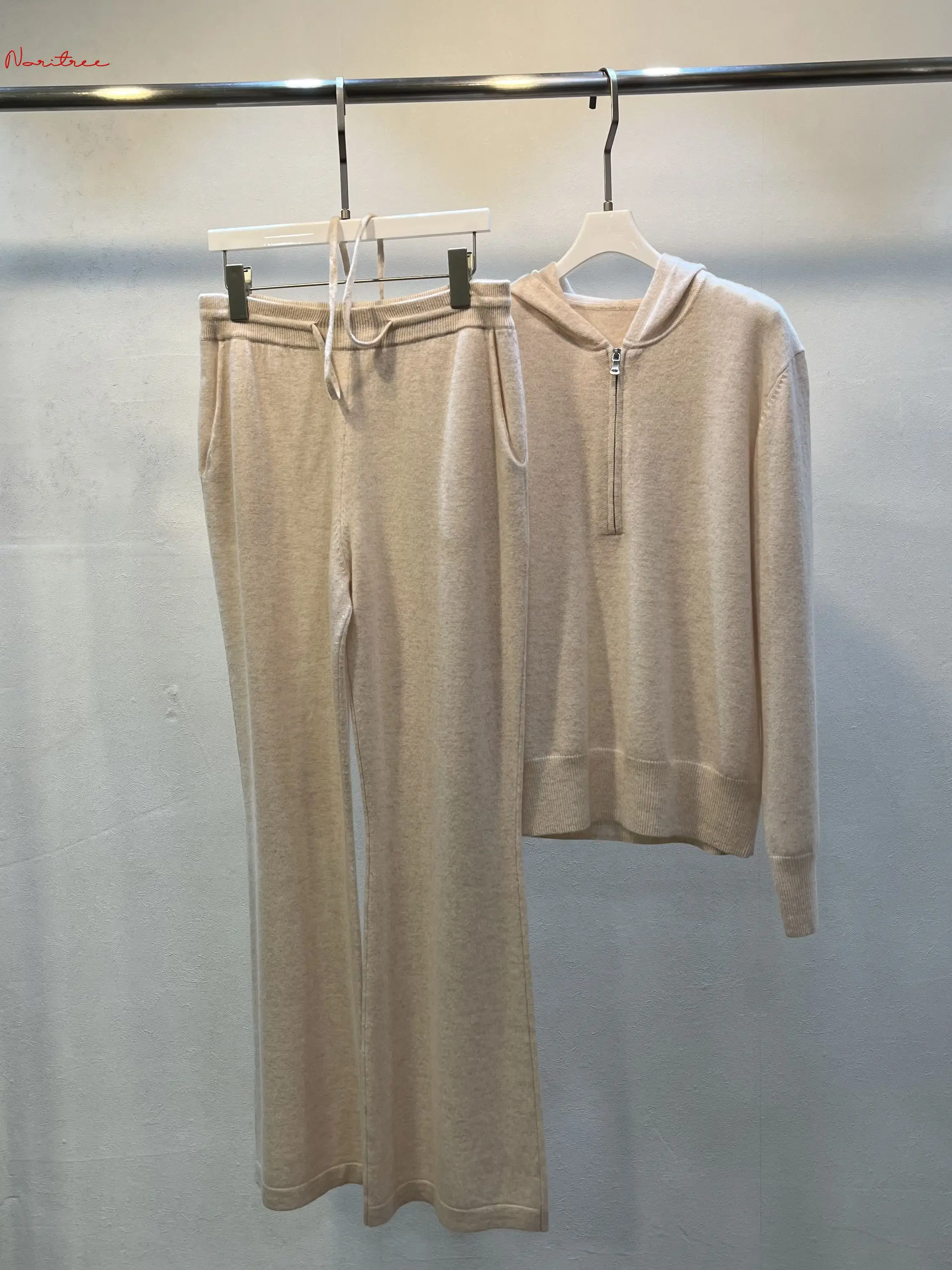 

Luxury Two Pieces 100% Cashmere Sets Wool Suits Female Hooded Warm Mink Cashmere Knit Tops + Wide Leg Wool Pant Sets WY1689