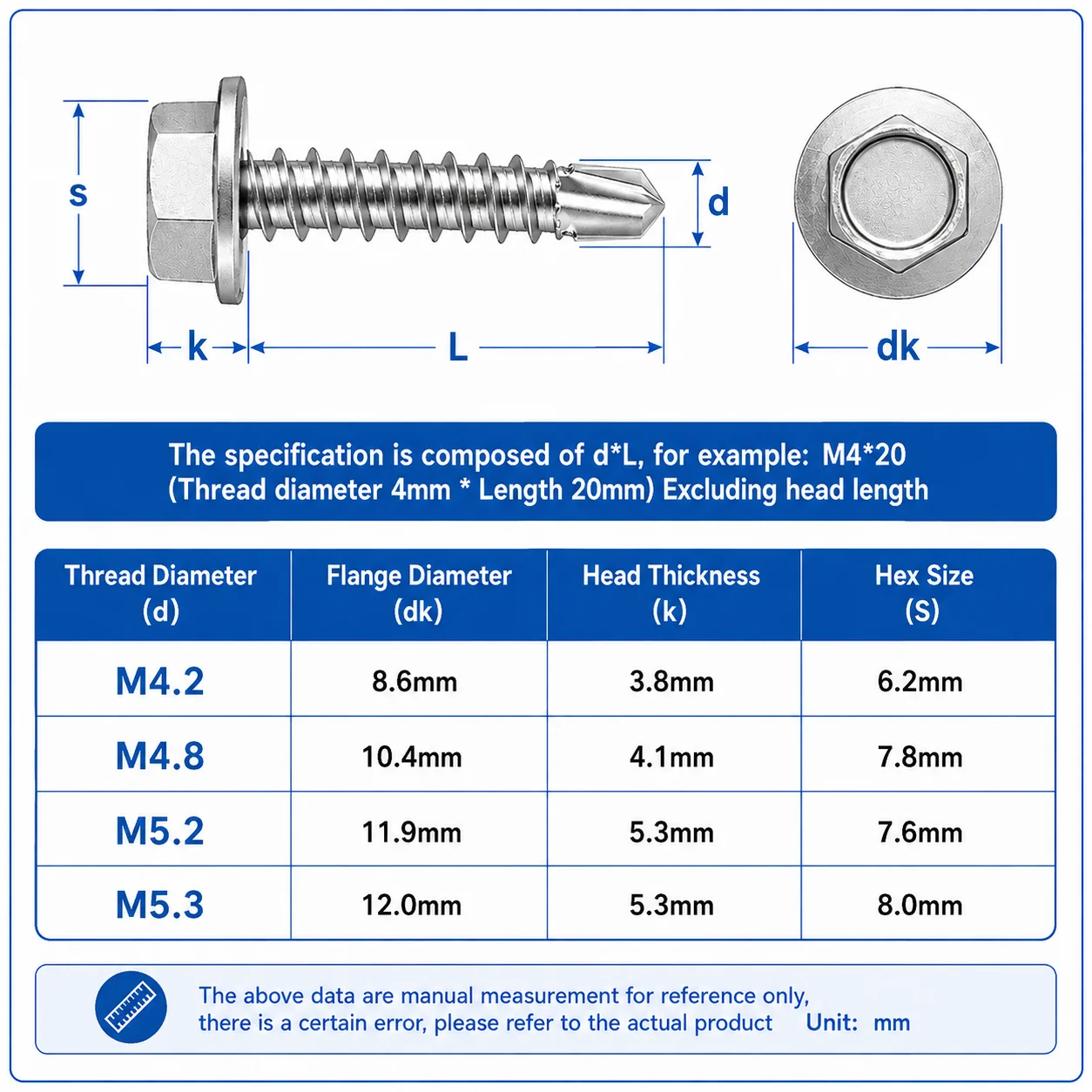 M4.2 M4.8 M5.2 M6.3 410 Stainless Steel Hex Washer Head Self Drilling Screws Roofing Sheet Metal Tek Self Tapping Rubber Ring