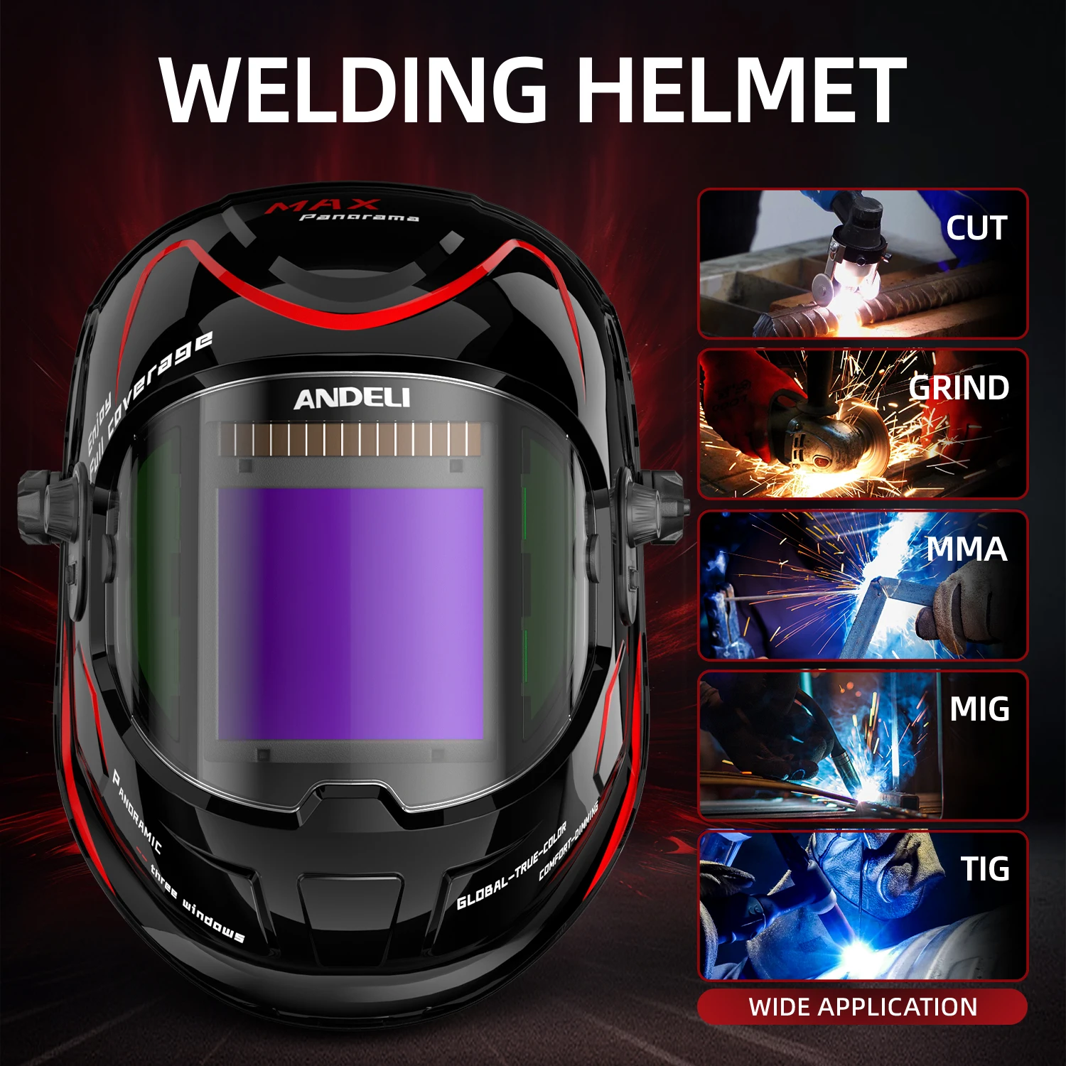 ANDELI Auto Darkening Welding Helmet with Side View 4 Arc Sensor Large Viewing True Color Solar Powered Welding Mask for TIG MIG