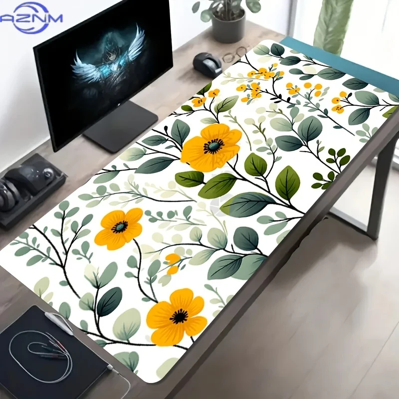 1pc Large Esports Gaming Mouse Pad, Yellow Leaf Green Branch Fresh Floral Illustration Pattern, Non-Slip Rubber Bottom Large Siz
