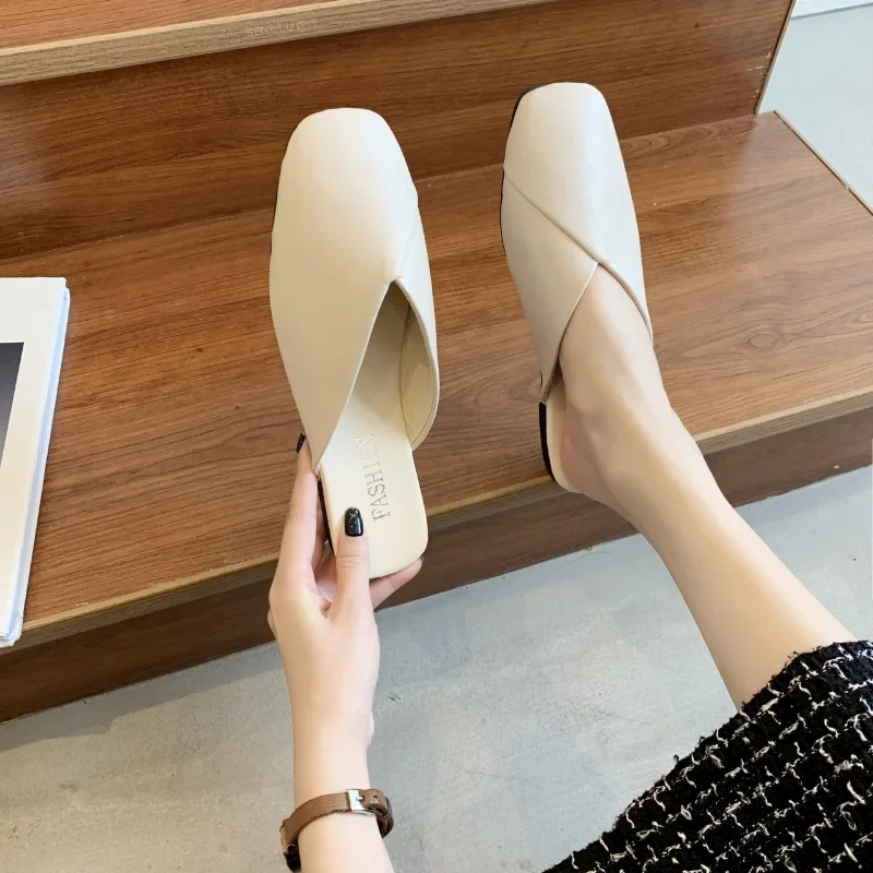 Women Mules 2024 Summer Elegant Square Closed Toe Flat Slippers Female Shoes Casual Leather Black White Slides Plus Size 35-43