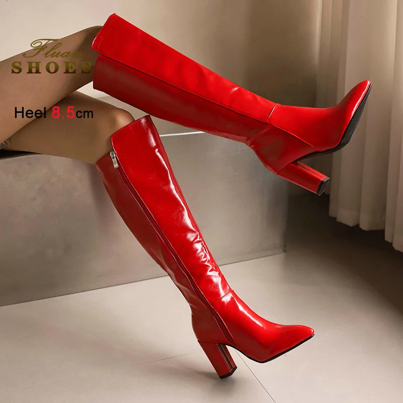 

Широкие высокие сапоги для женщин, красные универсальные женские туфли на толстом высоком каблуке 8,5 см, осень-зима 2021, женские сапоги до колена с острым носком
