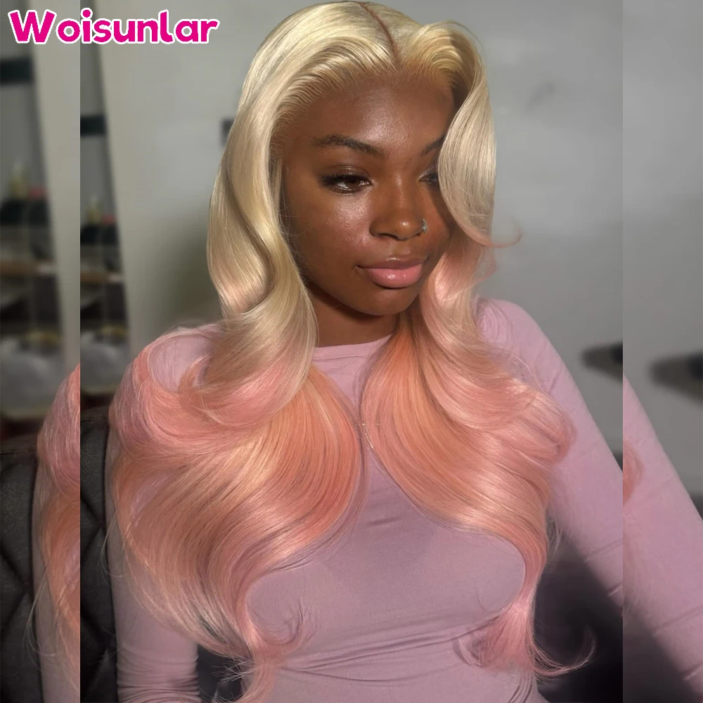 

36 inches Ombre 613 and pink Front Lace wig human hair 13x4 Transparent Lace Body wave 200% Black Women Natural Human hair wig