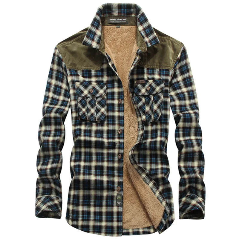Winter Fleece Lined Plaid Long Sleeve Shirt Men's Warm Business Casual Top