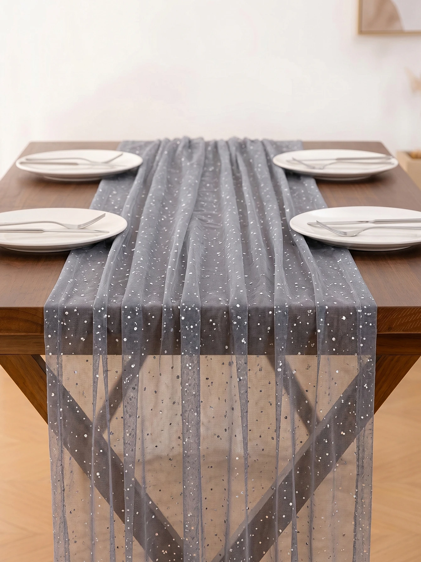 1 Piece 72×300cm, Grey Mesh with Sequins Table Runner, Christmas, Halloween Decorations, Wedding, Kitchen, Home Decorations