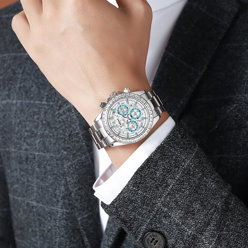 Dulunwe Blue Three-Eye Six-Hand Multi-Functional Automatic Mechanical Men'S Watch With Skeleton Design, Round Dial, Casual Style