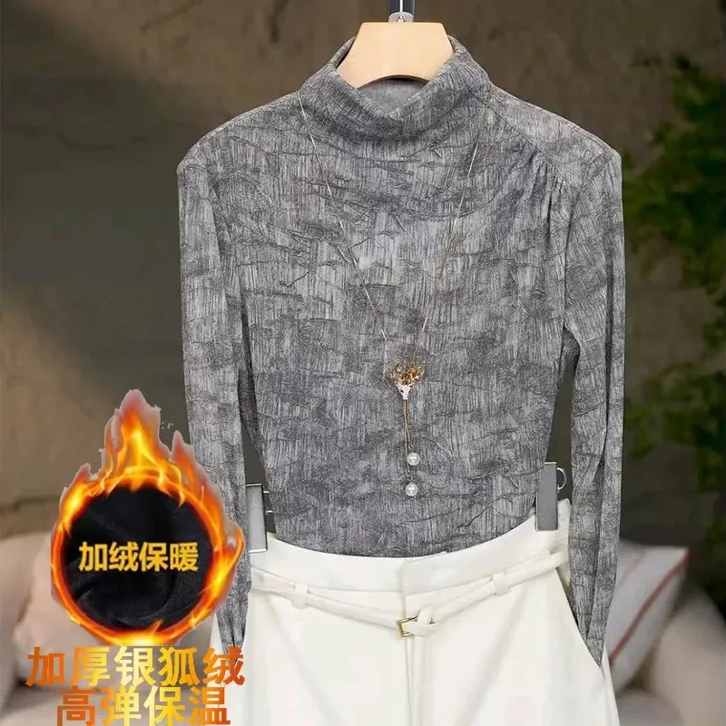 

Thick Velvet Printed Half-high Collar Long-sleeved Pullover Simple Mesh Top Autumn Winter New Trendy