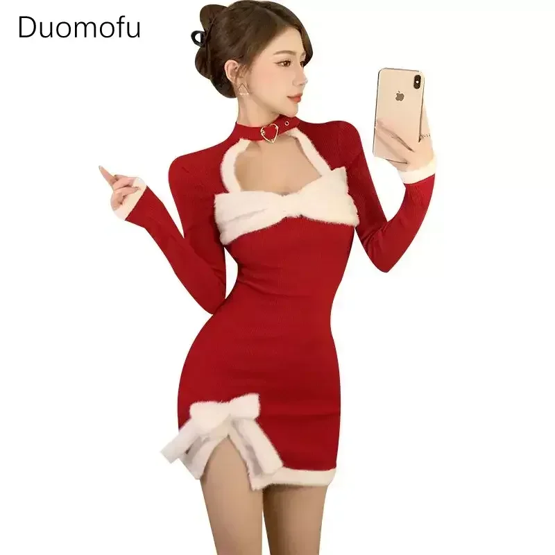 Duomofu Christmas Dresses Winter Women Clothing Traf Sexy Slim Red Three-dimensional Bow Elegant and Pretty Female Party Dress