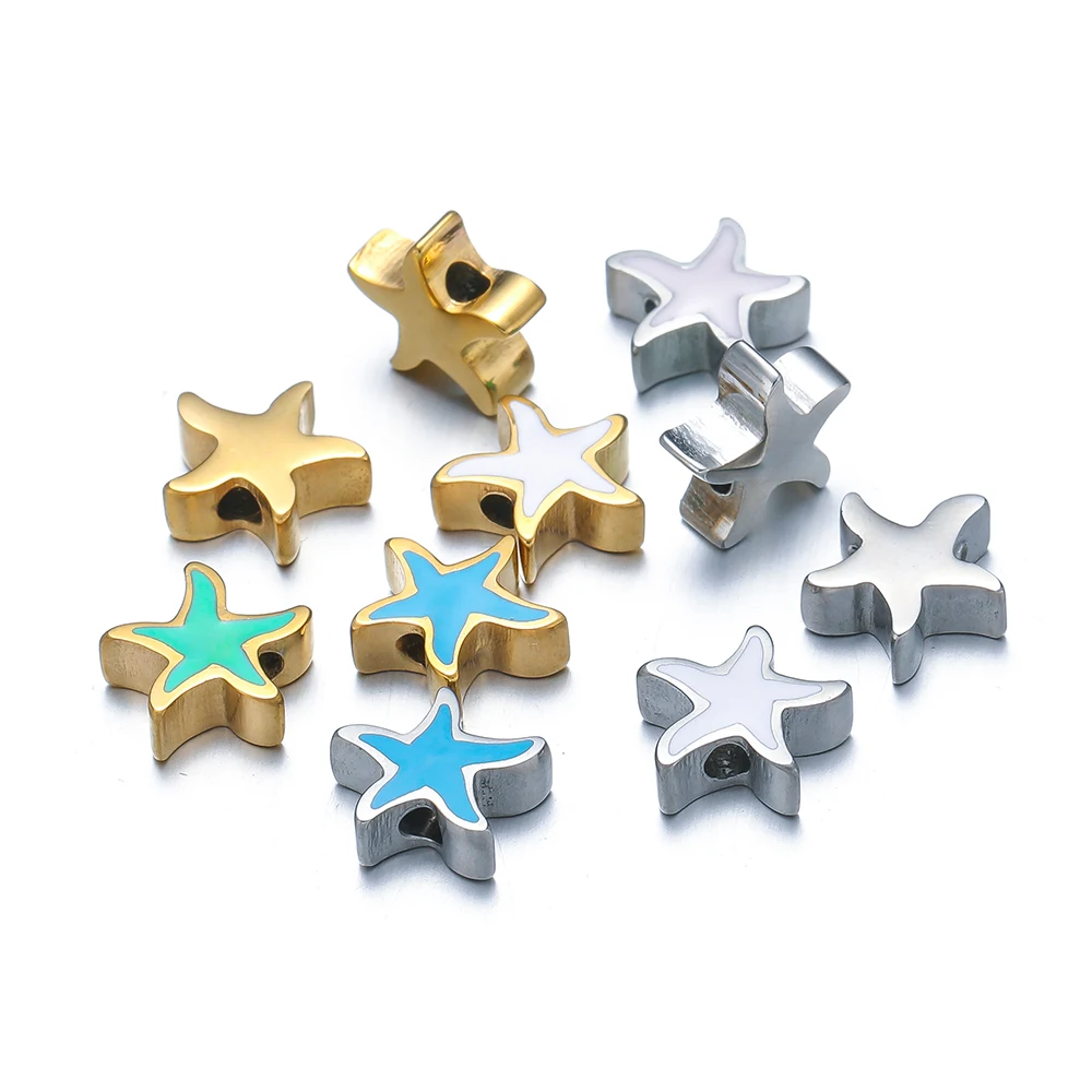 5Pcs 10mm Stainless Steel Morandi Color Enamel Starfish Beads Star Charm DIY Jewelry Making Summer Woven Bracelet Girls Findings