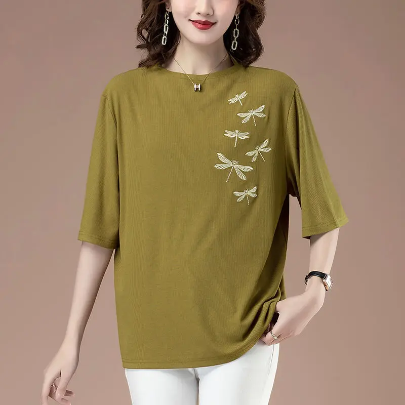 

Korean Fashion Women Vintage Long T-Shirt Summer New Half Sleeve Dragonfly Print Female Clothing Basic Pulover Loose Casual Tops