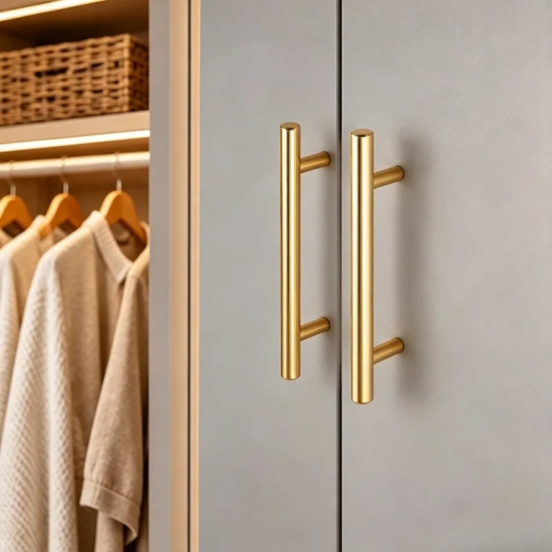 8 Pieces of Champagne Gold T-Shaped Stainless Steel Cabinet Handles, Cabinet Door Handles, with Matching Installation Screws, Easy Installation, Modern Minimalist Drawer Handles, Suitable for Kitchen, Bathroom, Wall Cabinets, Wardrobe Furniture Hardware Accessories