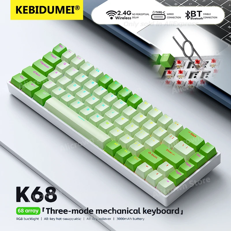 

Механическая клавиатура K68, 2,4G, RGB-подсветка, трехрежимная Bluetooth 5,1/беспроводная/проводная офисная 61-клавишная клавиатура для ПК, геймера