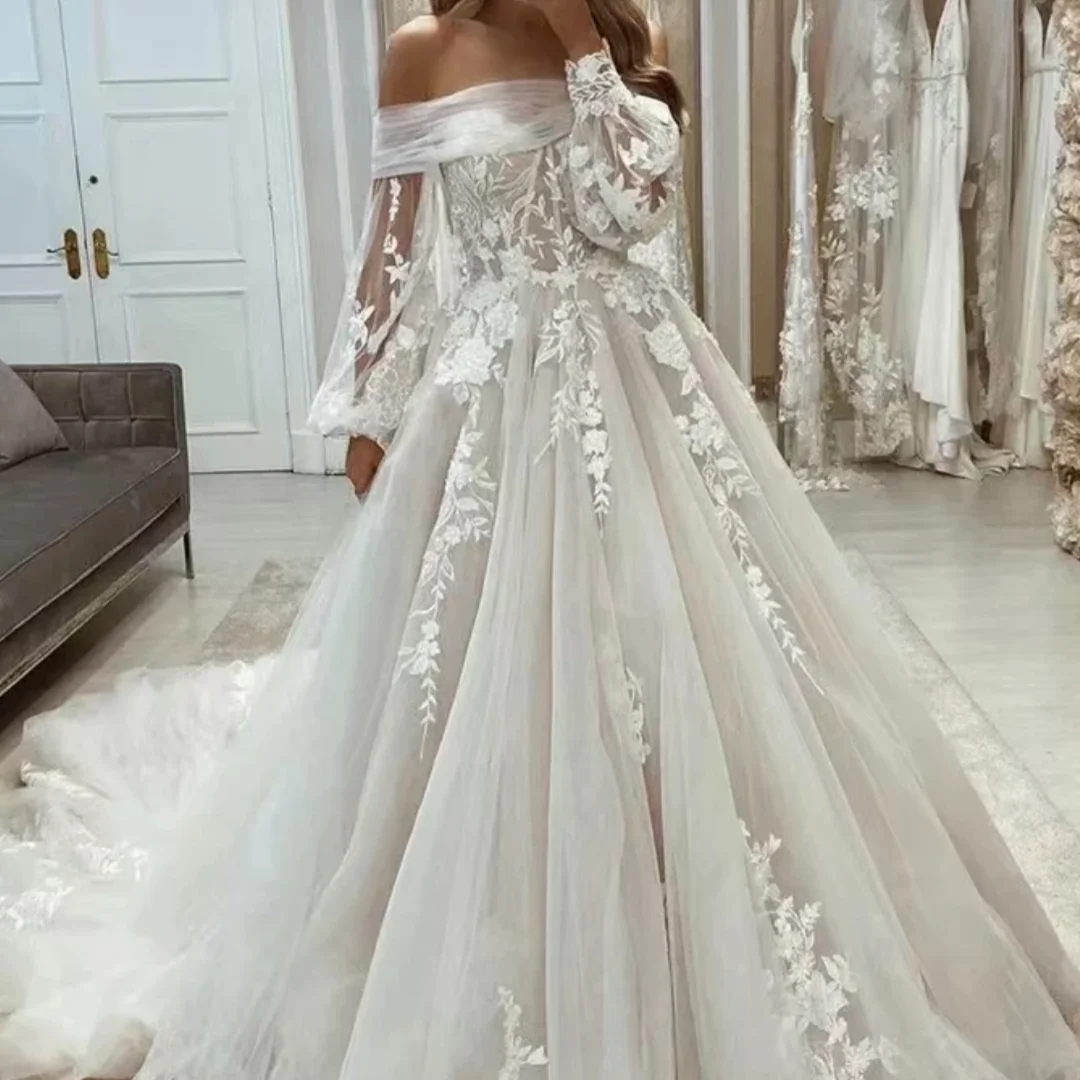 الأميرة نفخة كم طويل الدانتيل فستان العروس فساتين الزفاف الظهر رداء بوهو زين فساتين الزفاف حسب الطلب