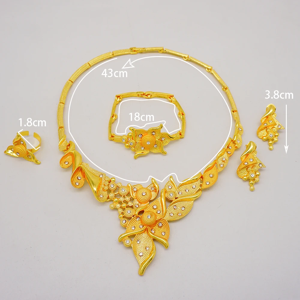 Trendy Dubai Gold Color Jewelry Set For Women African Bridal Geometry Necklace Bracelet Earring Ring Sets Party Gift Wholesale