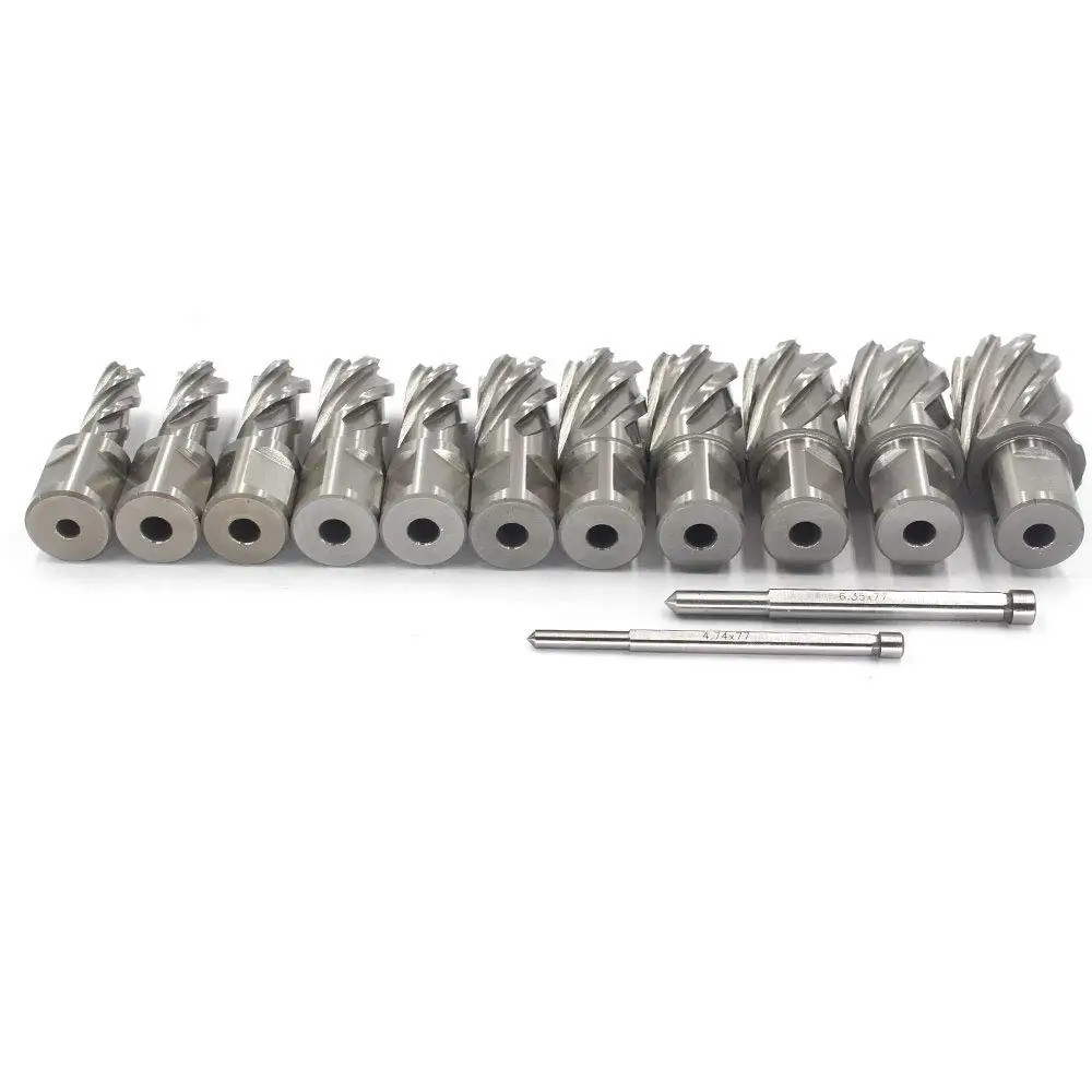 Annular Cutter Set 13 pcs 3/4 Inch Weldon Shank 7/16 to 1-1/16 for Drill Press HSS Standard Kit Two Flat with 2 Pilot Pins