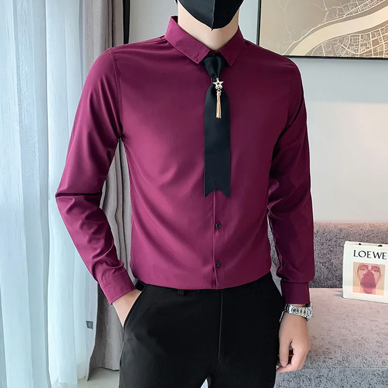 

Luxury Star Necktie Long Sleeved Men Shirt Fashion Button Up Slim Fit Korean Mens Shirts Wedding Prom Shirts & Blouses Plus Size