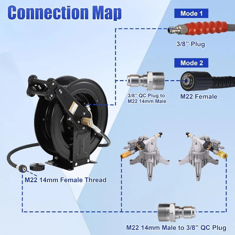 High Pressure Washer Hose Reel for Water/Air/Oil, 3/8" X 50 FT Steel Dual Arm Auto-Retractable Power Wash Hose Reel