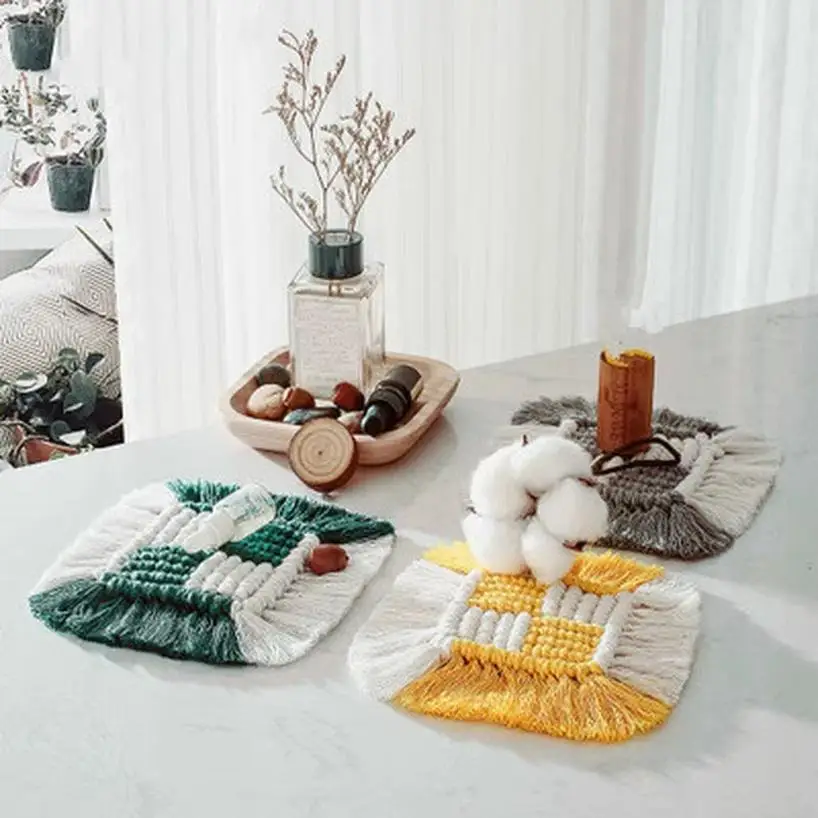 1 Pcs Macrame Placemats Cup Mat Tablecloth Coaster Cup Pad Handcrafted Cotton Insulation Mats Rural Style Creative Woven Coaster