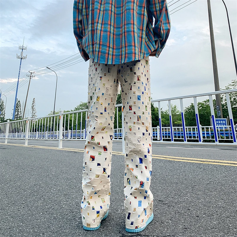 Celana Panjang Gaya K-POP Musim Semi Musim Gugur Celana Kargo Pinggang Elastis Kasual Longgar Pria Kasual Baru Celana Cetak Jacquard Retro