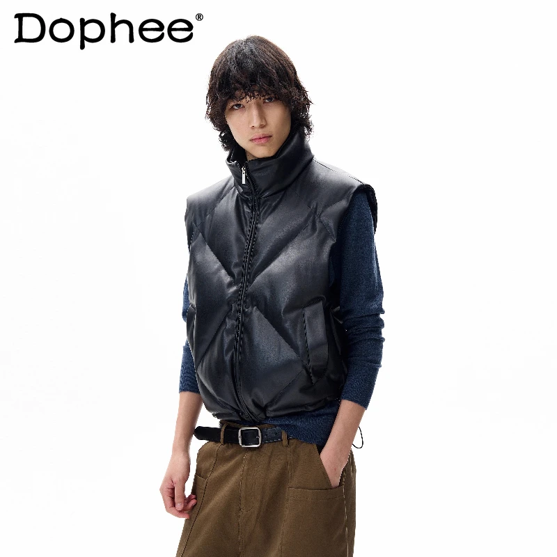 Masculino feminino 2025 outono inverno estilo americano couro do plutônio parkas colete bonito high-end sem mangas casal casaco na moda jaqueta com zíper