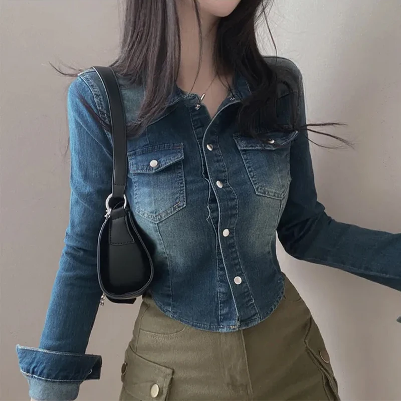

Denim Coat Tight Fitted Womens Summer Knitting Outwears Airy Pocketed Open-Front Mini Layered Hip-Pop Knitted Lightweight Jacket
