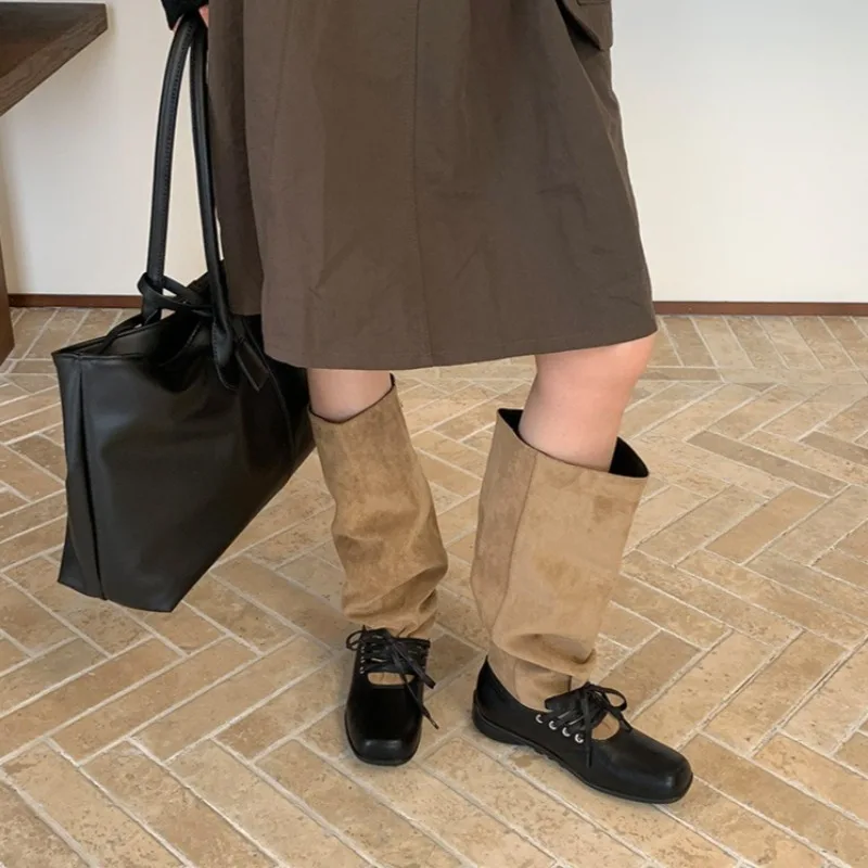 

Женские ретро-ботинки с изысканным кружевом, модные высокие сапоги до колена с квадратным носком, дизайнерская обувь Botas Mujer