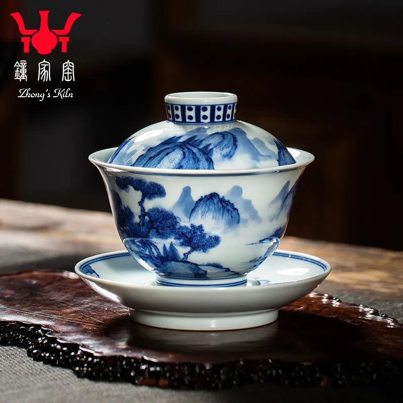 Zhongjia Kiln Wood Kiln Fake Antique Blue and White Handmade Landscape Gaiwan Jingdezhen Single Kung Fu Tea Brewing Bowl with Co