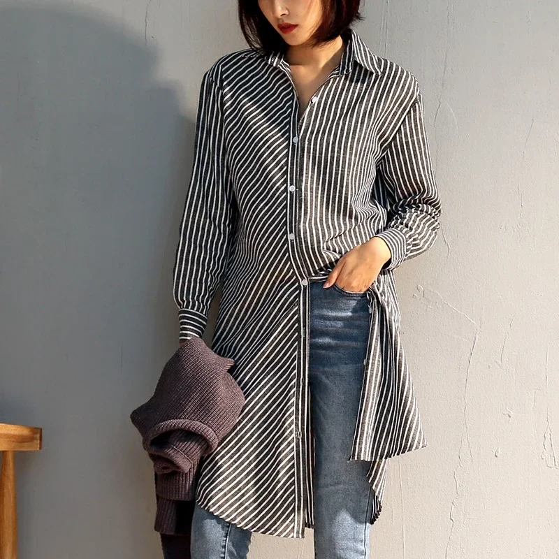 Plus Size Irregular Striped Shirts Womens 2019 Casual BF Style Cotton Tops Female Large Turn-Down Collar Loose Oversize Blouse