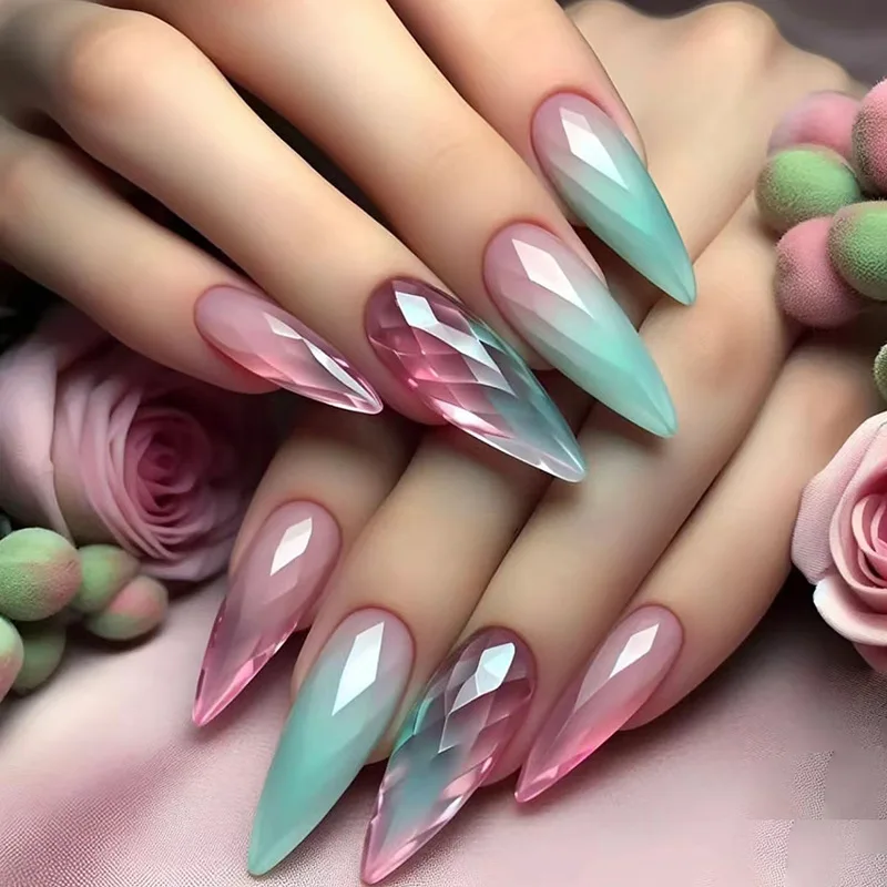 

24Pcs Detachable False Nail Long Almond Fake Nail Colorful Gradient Cat's Eye Design Press on Nails Wearable Full Cover Manicure