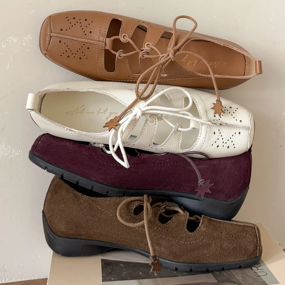 

Women's genuine leather square toe lace-up ballet flats high quality soft comfortable casual female daily espadrilles shoes sale