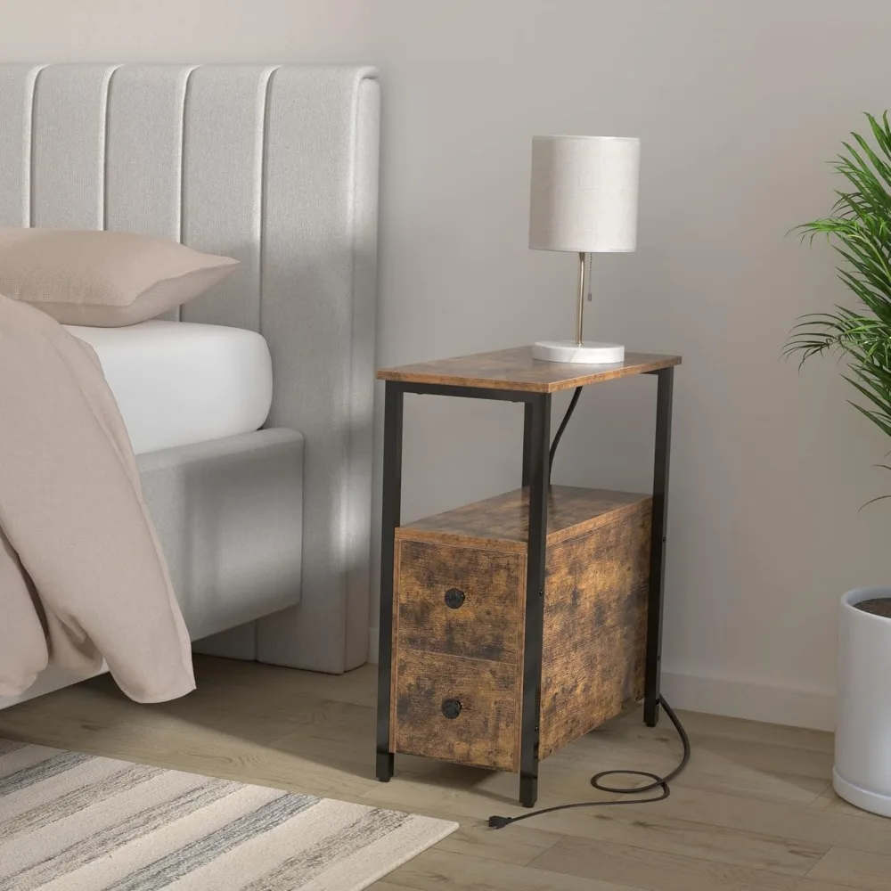 End Table with Charging Station, Narrow Side Table with 2 Wooden Drawers, USB Ports and Power Outlets, Nightstand Sofa Table