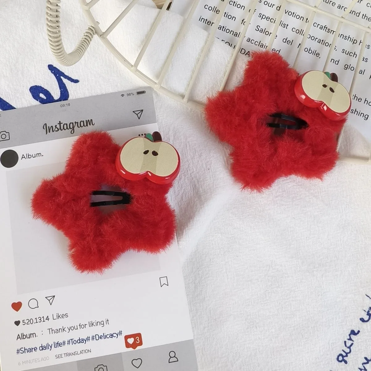 2PCSRed فو الفراء التفاح مقاطع الشعر، لطيف الفاكهة تحت عنوان دبابيس الشعر، لينة رقيق إكسسوارات الشعر للنساء، رائعتين موضة الشعر ديكور #4