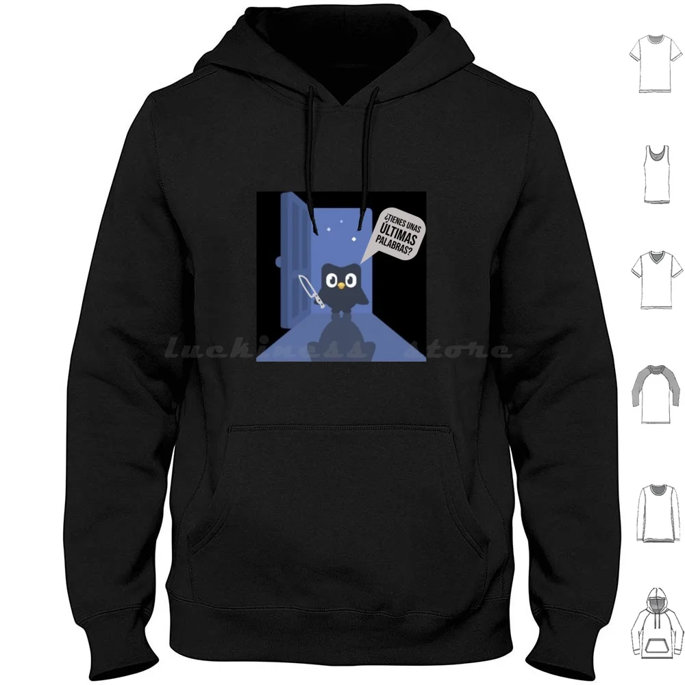 Evil Duo Lingo Last Words Hoodies Long Sleeve Bilingual Bird Holding Knife Cartoon College Duo Lingo Duo Owl Duolingo