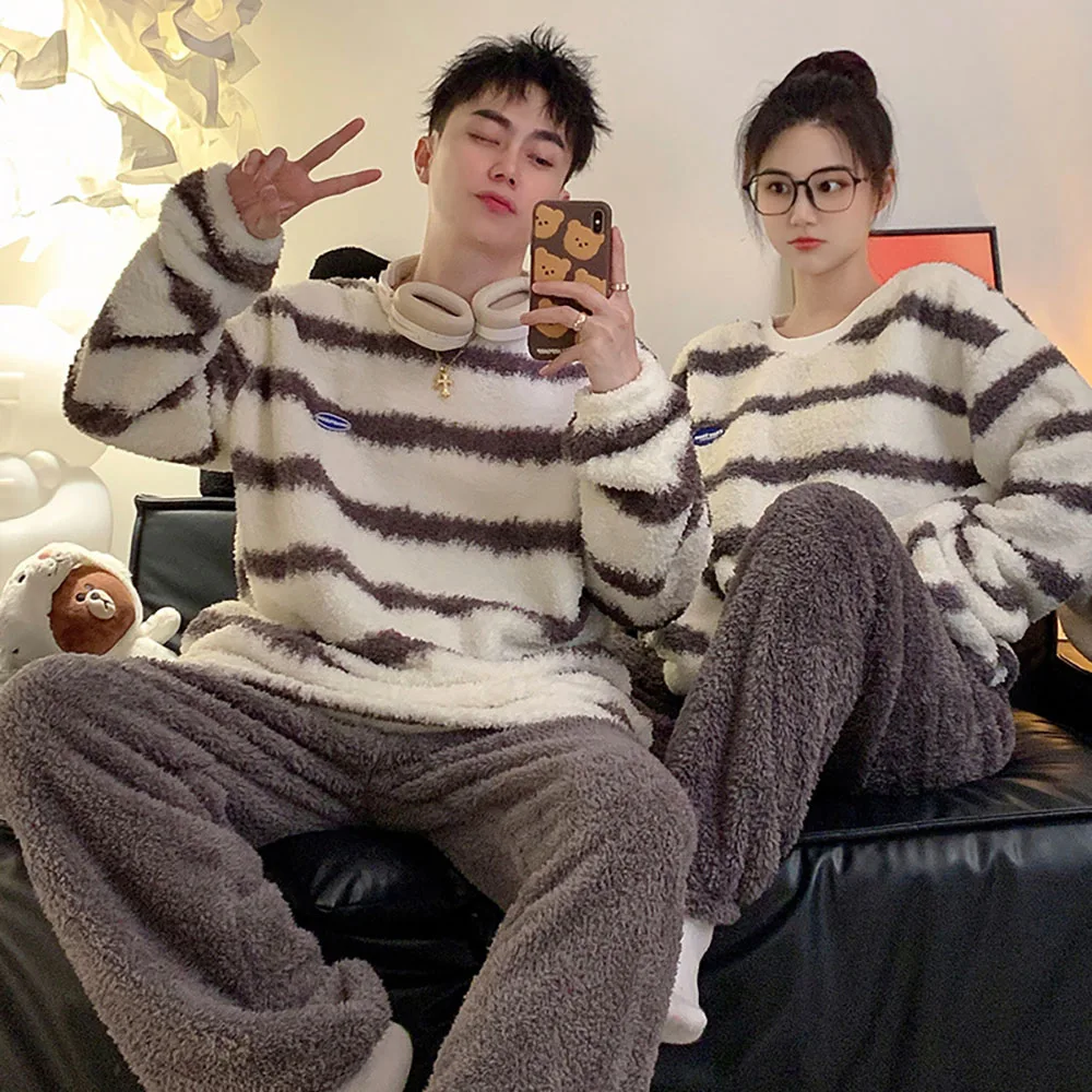 New Thick Fluffy Coral Velvet Couple Pajamas For Winter Striped Long Sleeved Pullover Top+Solid Pants Men Women Home Sleepwear