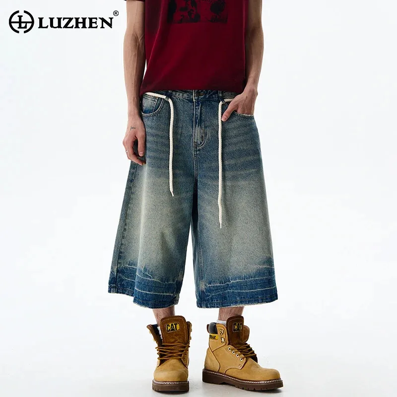 

LUZHEN Jeans Straight Washed 2025 Vintage Summer Loose Trendy Wornout Men Fashion High Quality Wide Leg Cropped Trousers JY2754