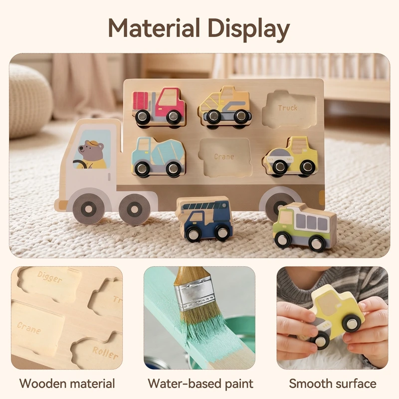 0-3 Jahre Auto-Spielzeug Holz-Baufahrzeug-Set Montessori Formen-Zuordnungspuzzle mit 6 Stück Baufahrzeuge Lernspielzeug – Detail 5