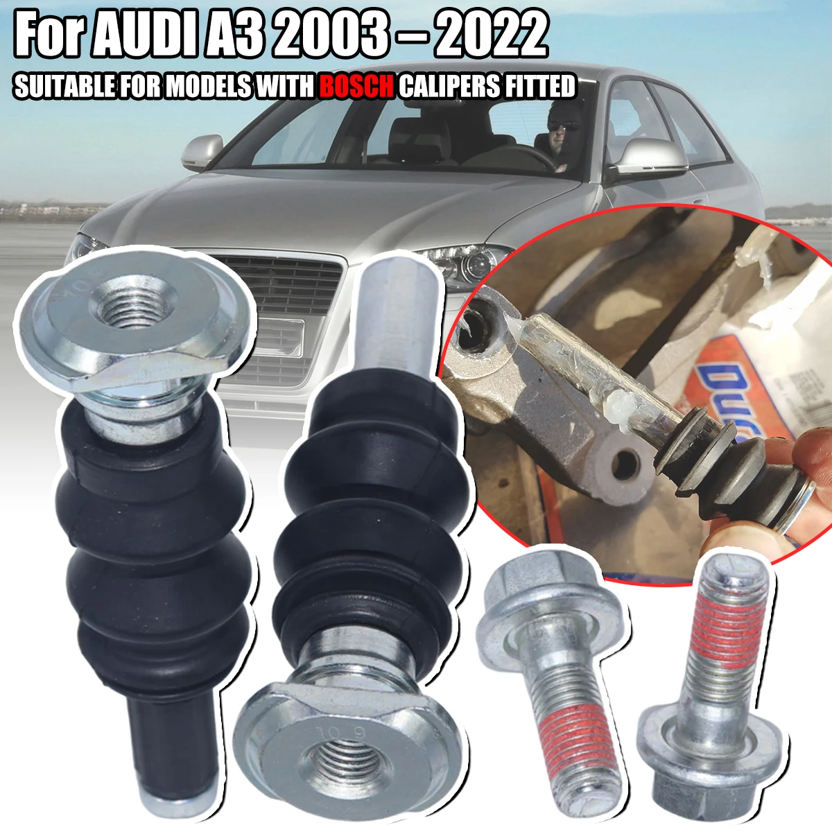

For AUDI A3 2003 - 2022Rear Brake Caliper Slider Guide Pins Bolt Kit Left Right Disc Housing Bellows Sleeve Bushing Boot Seal
