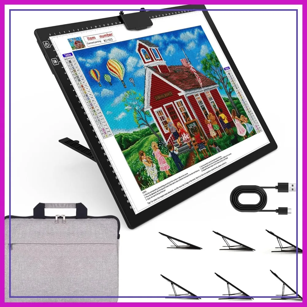 

Rechargeable A3 Light Pad for Diamond Painting, 3 Colors 6-Level Brightness, Wireless LED Tracing Light Box with Stand and Bag