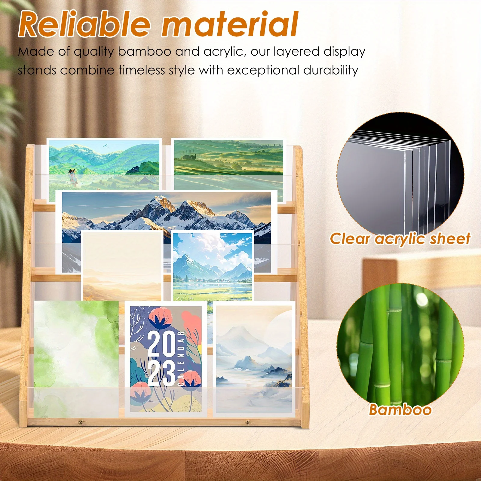 4-Tier Elegant Bamboo and Acrylic Card Display Stand Classic Home Decor with Triangular Base for Easily Assembled Greeting