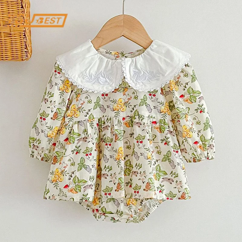 Newborn Kids Baby Girls Long Sleeve Sweet Doll Collar Printing Princess Rompers Autumn Infant Kids Baby Girls Rompers Clothes