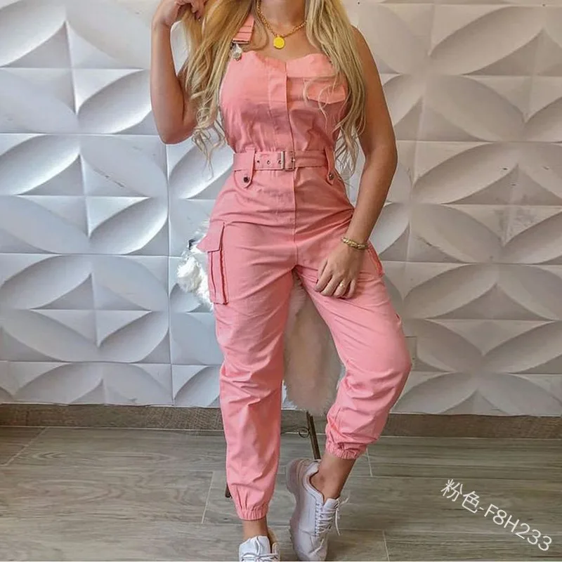 Women\'s Clothes Female Fashion Sleeveless Cargo Jumpsuit High Waist Street Trend Women Simple Long Jumpsuits