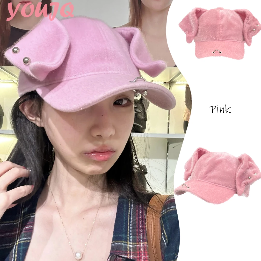 

Y2K Cute Rabbit Cat Pig Ear Flurry Baseball Hats for Women Cartoon Autumn Winter Youthful Peaked Thickened Streetwear Rivet Cap