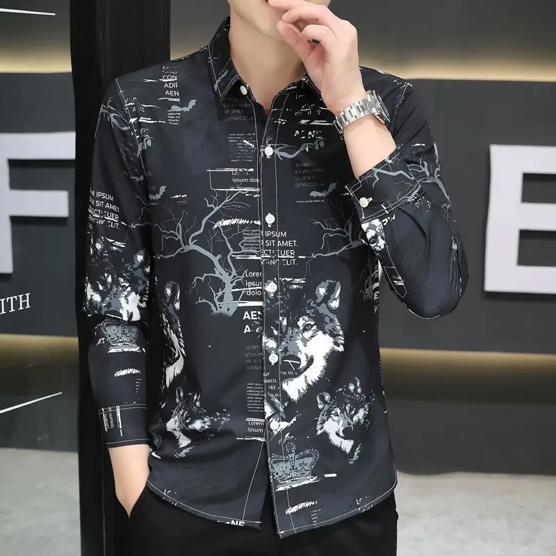 Spring Autumn New Fashion Turn-down Collar Long Sleeve Printing Blouse Men's Clothing Casual All-match Button Trend Loose Shirts