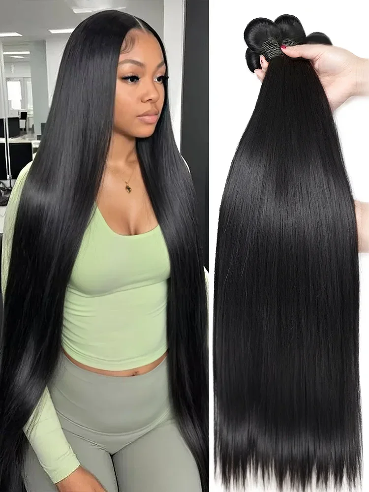 Extensions de cheveux humains vierges 100% bruts, lisses, 30-40 pouces, 12A, noir naturel brésilien, lot de 4 mèches, non traités, pour crochet. 1