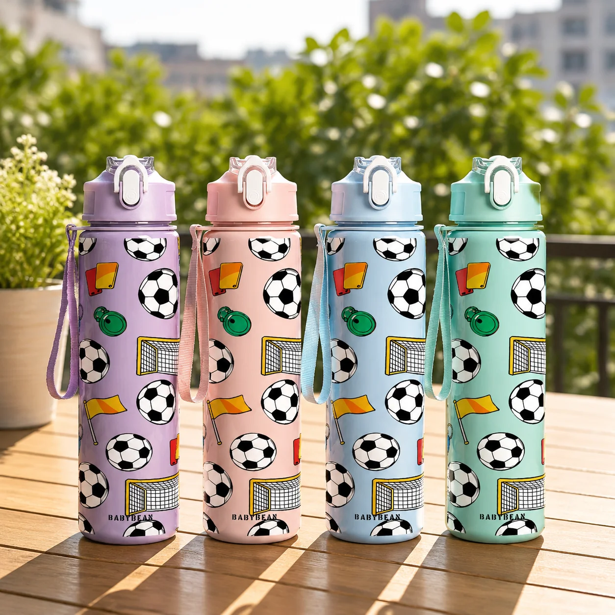 Plastic Sports Water Bottle Football Pattern Leakproof Flip Lid Portable Drink Bottle with Strap for KidsBoys Outdoor Travel Gym