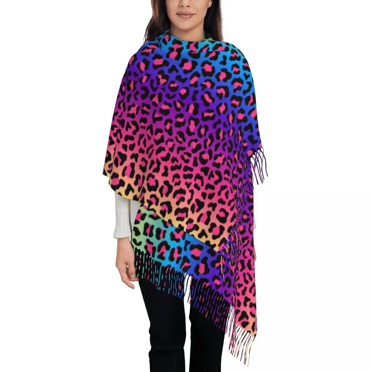 Custom Colorful Animal Skin Leopard Print Scarf Wrap Women Long Winter Warm Tassel Shawl Unisex Scarves