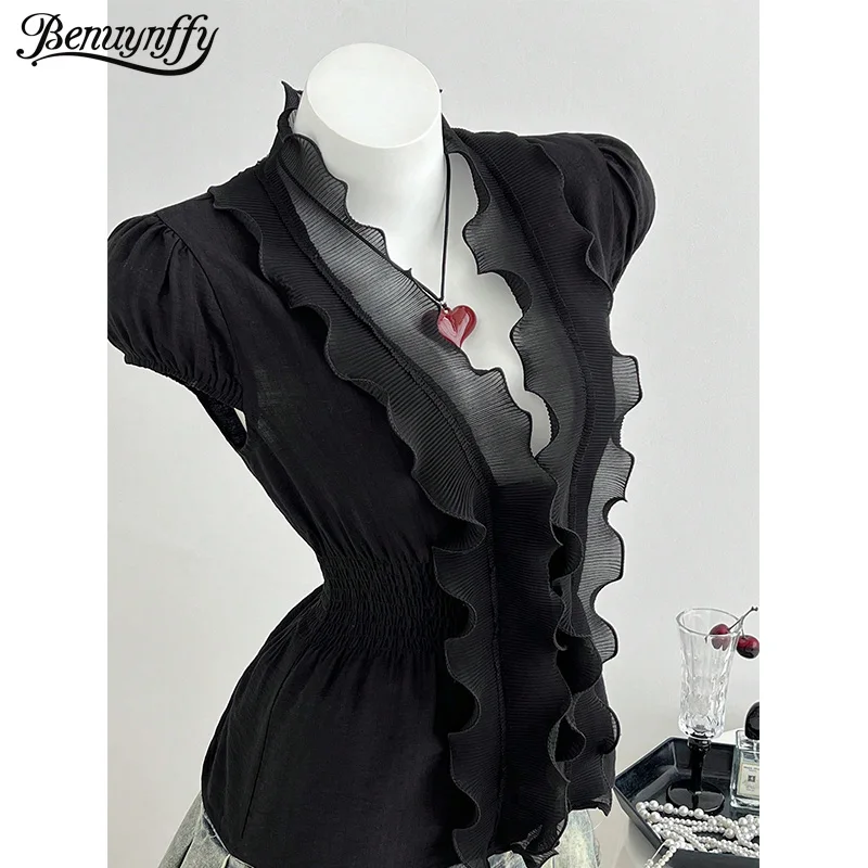 Benuynffy Black V-Neck Wave Trim Puff Sleeve Top Blouse Women Summer Sweet Casual Elastic Waist OL Female Elegant Blouses